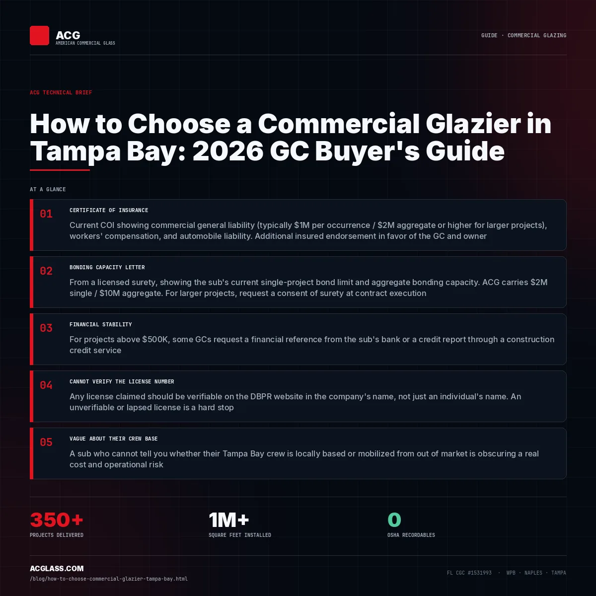 How to Choose a Commercial Glazier in Tampa Bay: 2026 GC Buyer's Guide infographic — American Commercial Glass