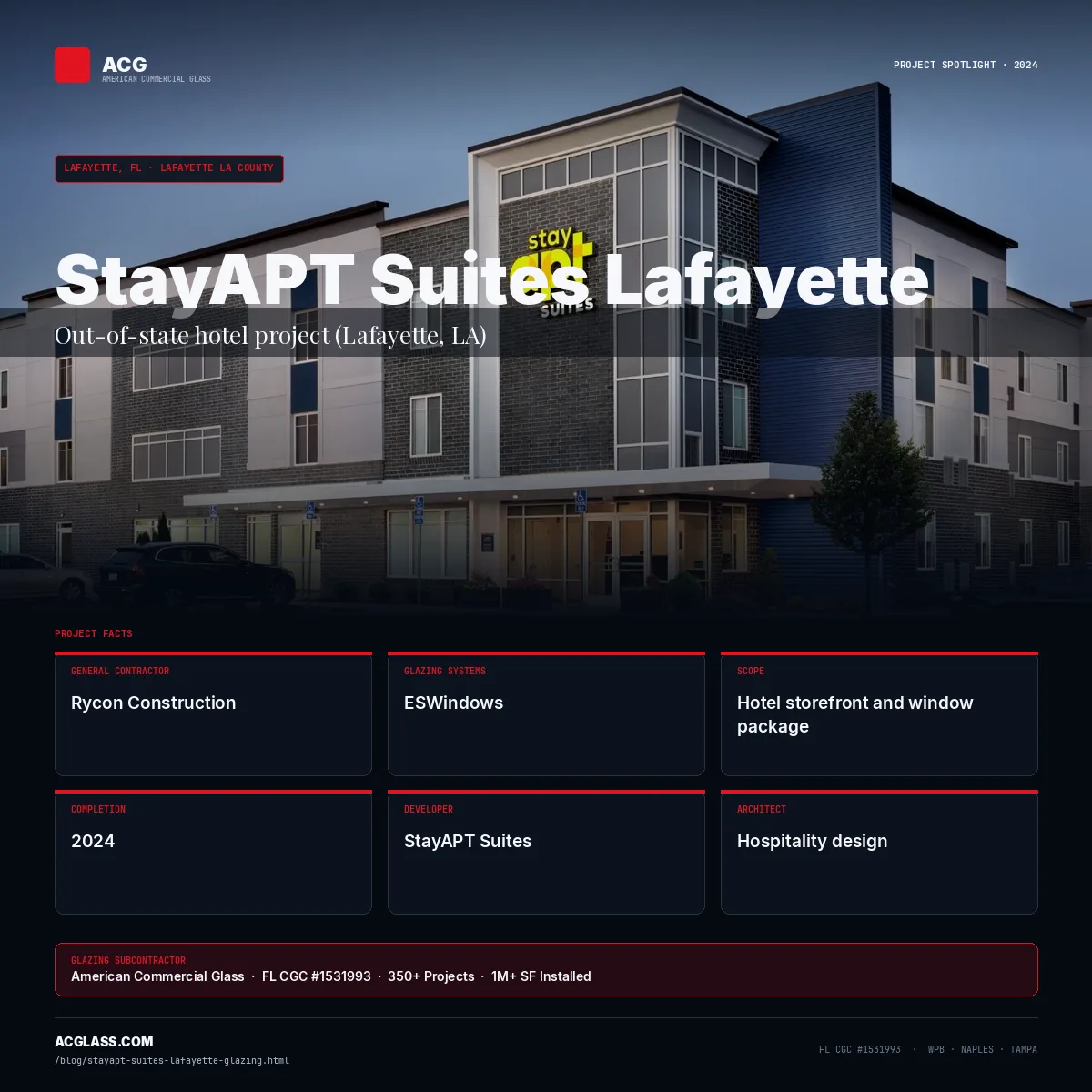 StayAPT Suites Lafayette — Glazing by ACG | Lafayette, FL infographic — American Commercial Glass
