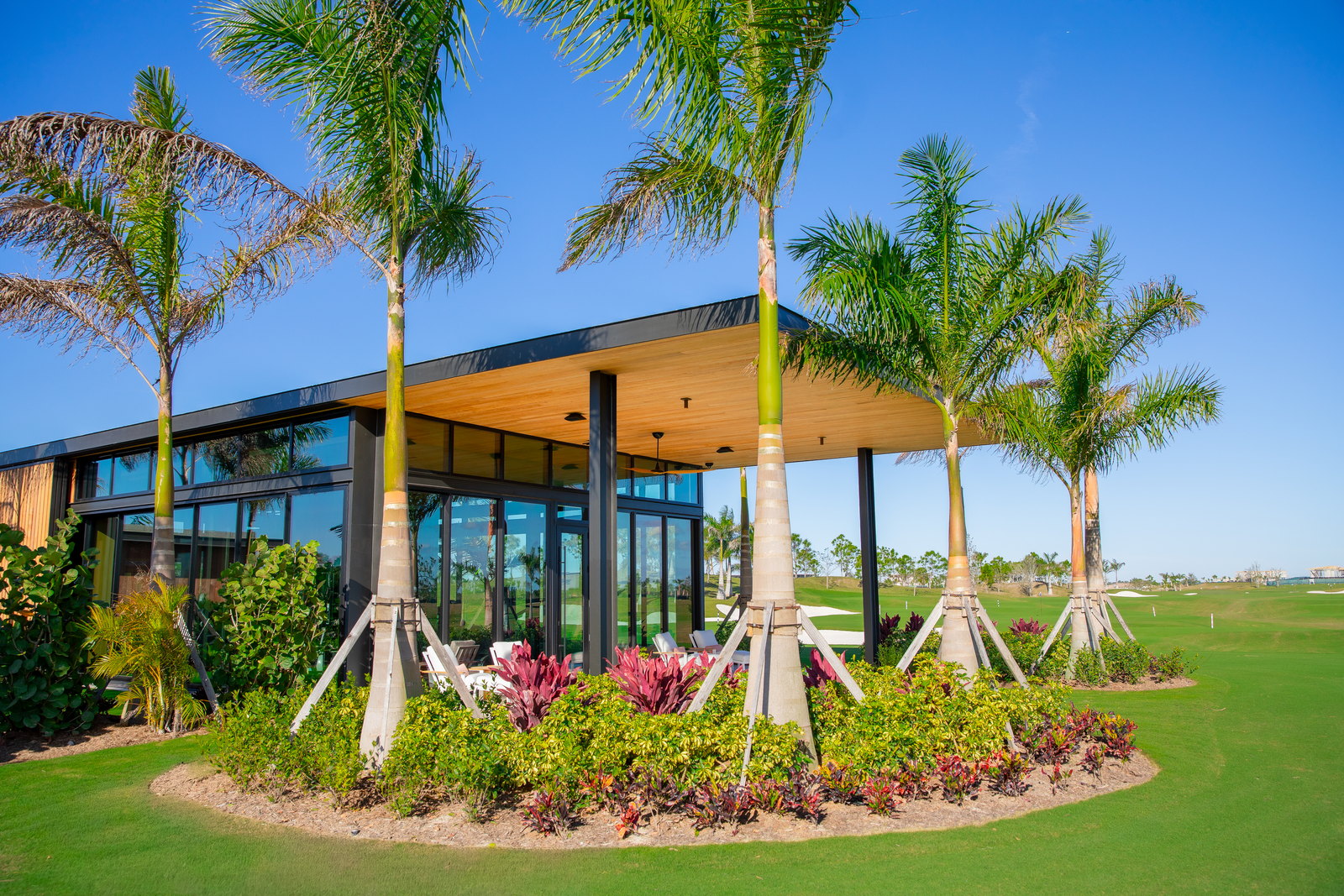 Atlantic Fields Performance Center - the glazed pavilion elevation under its timber roof