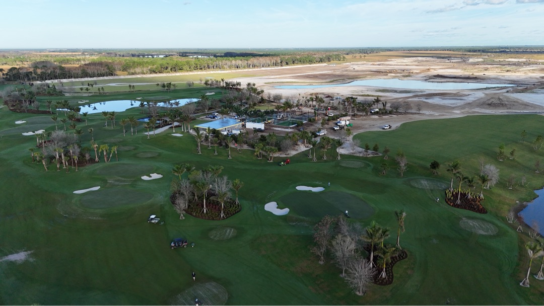 Atlantic Fields aerial during early-phase construction &mdash; Tom Fazio course taking shape, Sales Center at center