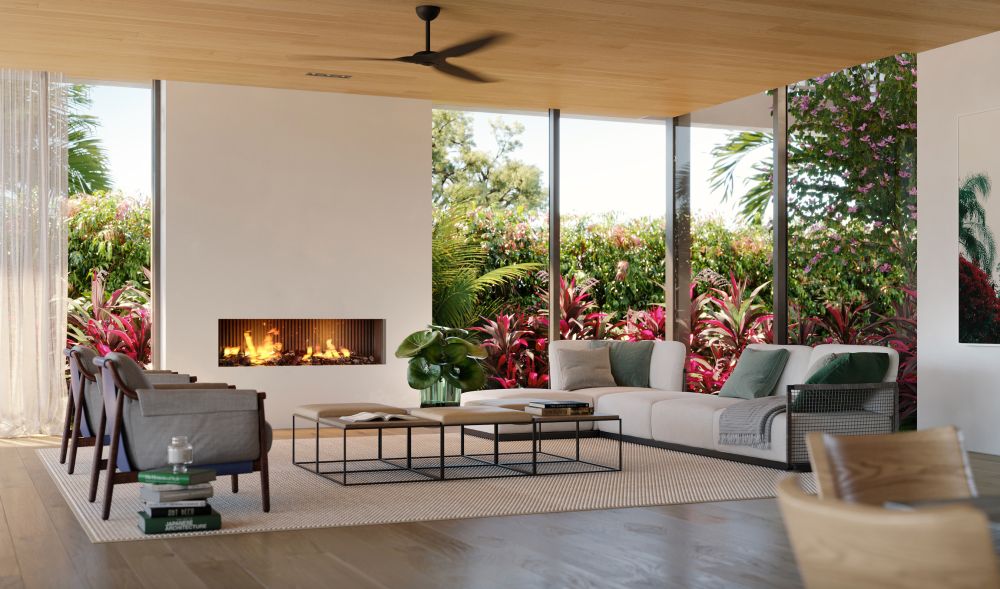 Atlantic Fields estate home rendering — open-plan living with full-height glass