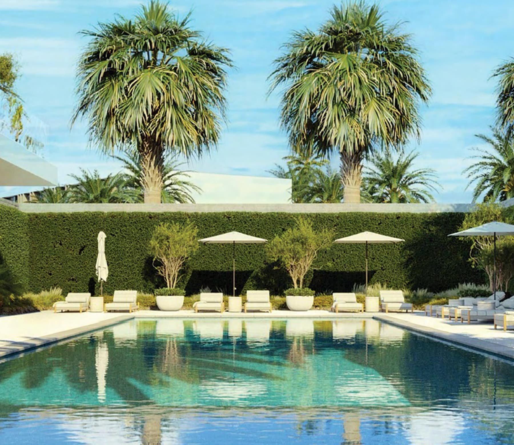 Panther National Clubhouse — rendering of the pool terrace with glazed elevations behind