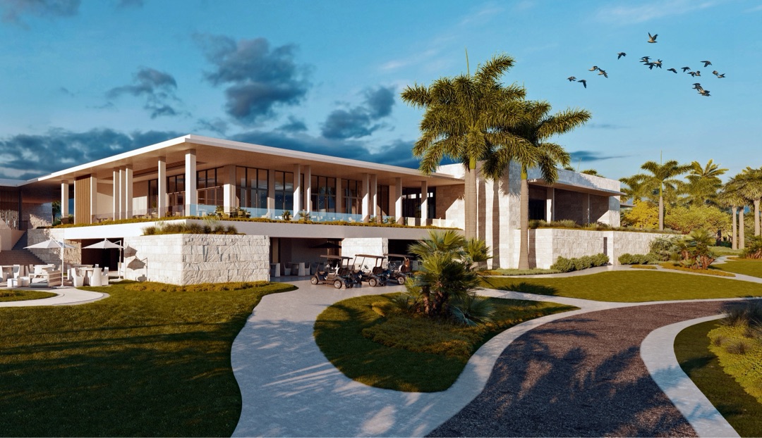 Panther National Clubhouse — architectural rendering of the 60,000 sq ft modern clubhouse, designed by Max Strang of STRANG with Peacock + Lewis Architects
